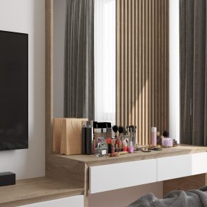 Close-up of vanity table with cosmetics in modern bedroom – Intervibe Studio