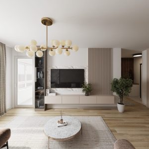 Front view of a modern living room with a marble TV wall, wood slats and floating cabinetry