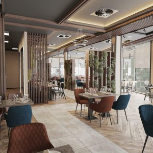 Restaurant interior with panoramic windows and wooden flooring