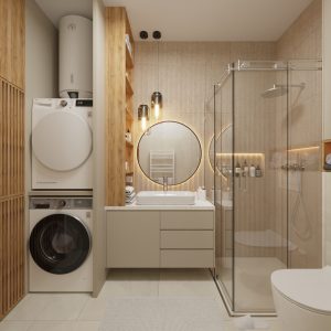 Bathroom with washing machine and dryer, shower cabin, and vanity – Intervibe Studio