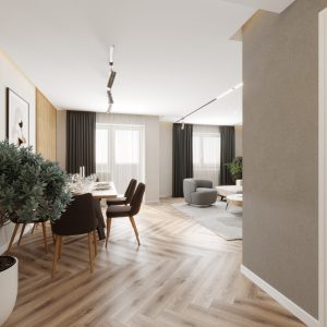 Open-plan dining and living area with wood flooring and large windows – Intervibe Studio