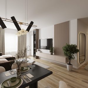 Modern dining area overlooking a custom TV wall with marble, wood slats and integrated storage