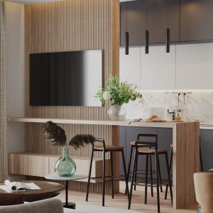 Custom slatted TV wall and modern kitchen cabinetry in an open-plan interior visualization