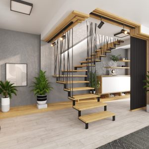 Elegant floating staircase with wood steps and rope railing