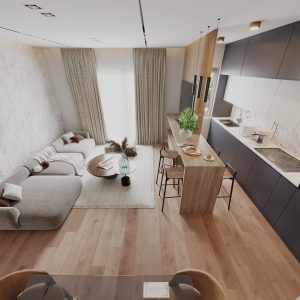 Elevated view of an open-plan living room, dining area and compact modern kitchen