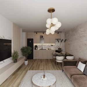 Photorealistic open-plan living room, dining area and compact kitchen in warm neutral tones