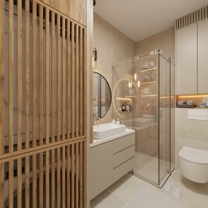 Bathroom with vanity, wooden slats, and washing machine – Interior Design by Intervibe Studio