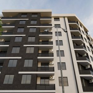 High-rise residential building with modern balconies