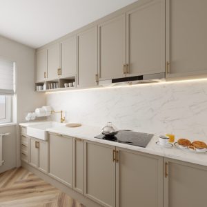 Kitchen visualization with marble backsplash and neutral cabinetry – Intervibe Studio