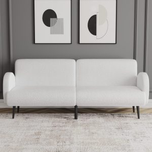 White modern sofa in stylish interior with abstract wall art – 3D rendering