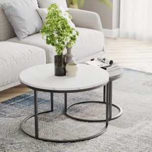 Round marble-top coffee tables with black metal frame in contemporary living room – 3D render