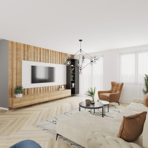 Living room TV wall with wooden cladding and modern decor – Interior Visualization by Intervibe Studio