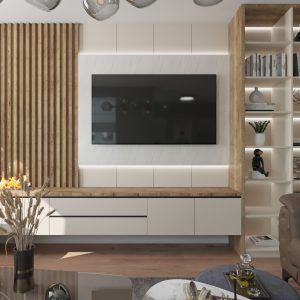 Living room TV wall with wooden slats and modern cabinet – Intervibe Studio visualization