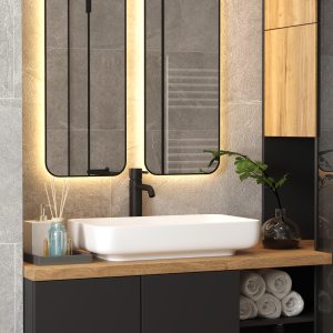 Bathroom vanity with double mirrors, wood details and LED lighting – Intervibe Studio interior design
