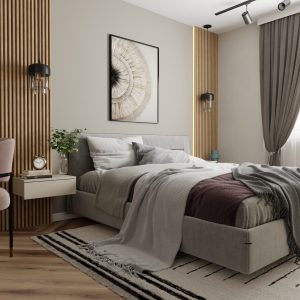 Minimalist bedroom with makeup vanity and round mirror – Intervibe Studio