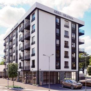 Mixed-use residential building with parking area