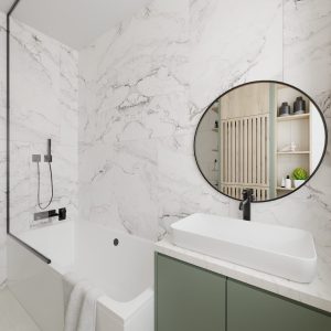 Modern bathroom with marble tiles and sleek washbasin – Intervibe Studio