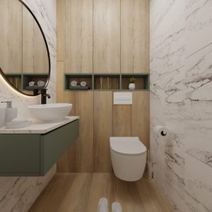 Modern bathroom with marble walls and wood accents – Intervibe Studio