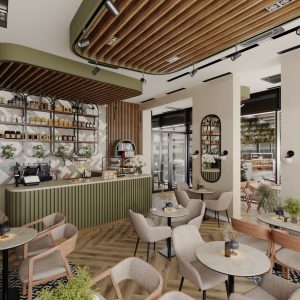 Modern café bar with green wooden panels and decorative shelving