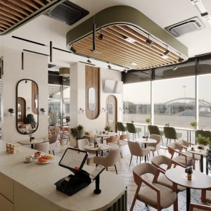 Modern café counter design with wooden ceiling panels and daylight view