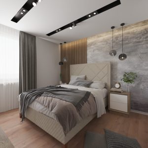 Modern cozy bedroom with upholstered bed and pendant lights – Intervibe Studio