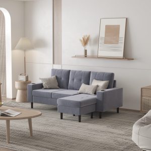 Modern grey sectional sofa in Scandinavian interior design, 3D furniture visualization by Intervibe Studio