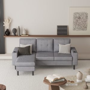 Modern grey sofa in bright living room with neutral decor – 3D interior visualization