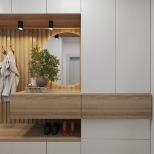 Modern hallway design with white cabinets and wooden accents – Intervibe Studio