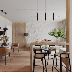 Modern kitchen breakfast bar connecting the dining and living areas of a compact apartment