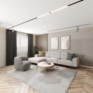 Modern living room with neutral sectional sofa, round coffee table and minimalist wall art – Intervibe Studio