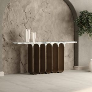 Modern luxury console table with marble surface and gold-toned sculptural legs – 3D render