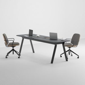 Modern office furniture set with black desk and two grey swivel chairs – 3D catalog render