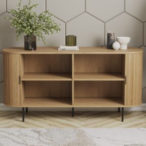 Oval wooden TV stand with rounded edges and black legs.