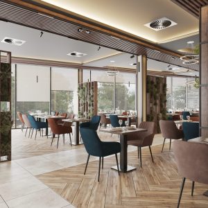Modern restaurant CGI visualization with wooden floors and stylish layout