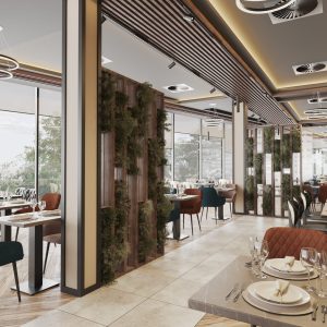 Modern restaurant interior design with natural light and wooden wall details