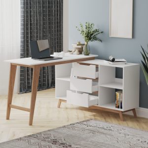 Modern white desk with drawers and shelving in bright interior – 3D lifestyle visualization