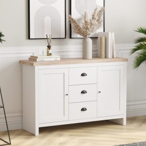 Modern white sideboard with drawers and wooden top