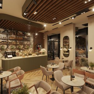 Night café seating area with bar counter, wooden ceiling slats, and decorative shelving
