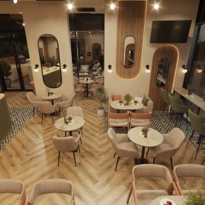 Night café interior with patterned flooring, round tables, and warm lighting design