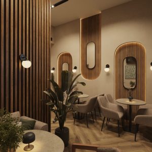 Night café interior with arched mirrors, wood slat walls and lounge seating