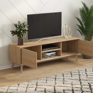 Oak TV stand with open shelves – modern living room furniture