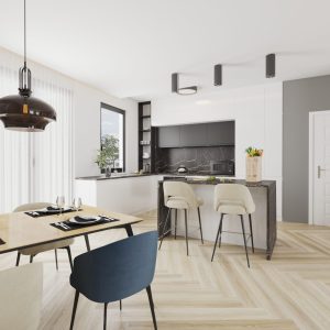 Open-plan kitchen with dining table and marble island – CGI Interior Visualization