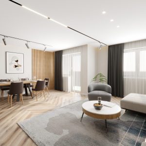 Open-plan living and dining area with elegant lighting – Intervibe Studio