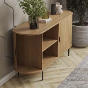 Oval wooden TV stand with rounded edges and black legs. - Intervibe studio