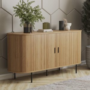 Oval wooden TV stand with rounded edges and black legs.