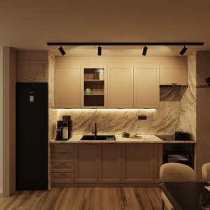 Photorealistic beige kitchen interior with warm evening lighting and marble work surfaces