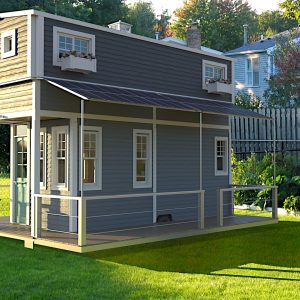 Photorealistic render of a modern tiny home on wheels with garden view