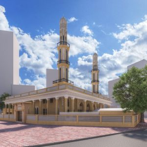 Photorealistic render of mosque exterior design with courtyard view