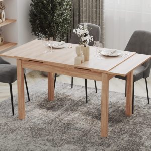 Rectangular extendable dining table with natural wood finish – Intervibe Studio render
