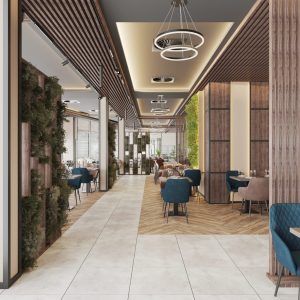 Restaurant corridor with dining tables and greenery wall decoration